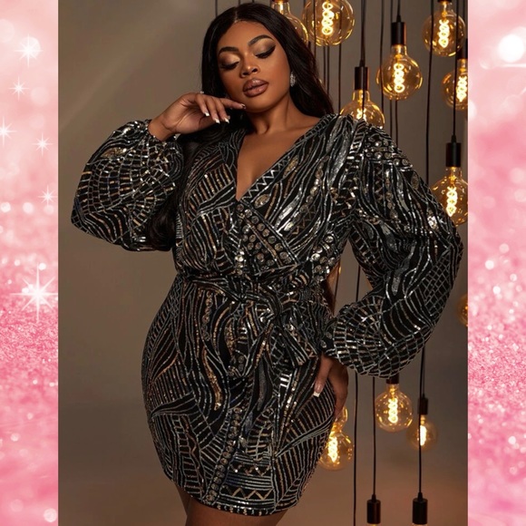 Sequin V Neck Long Sleeve Bodycon Dress - Picture 1 of 5
